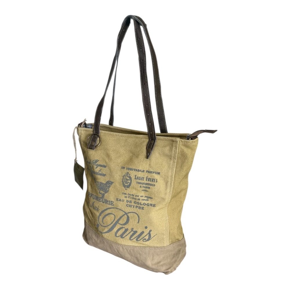 NWT Stylish Paris Print Canvas Tote Bag - Tan and Brown - Picture 3 of 8